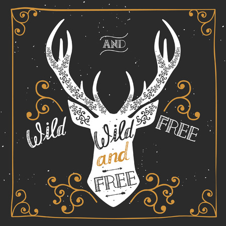 Silhouette of a deer. Hand drawn typography poster, greeting card, for t-shirt design "Wild and free",  hand lettering quote. Vector illustrationのイラスト素材