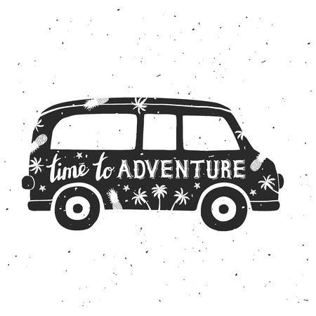 Vintage mini van with lettering. Time adventure. Can be used as a greeting card or t-shirt. Vector Illustrationのイラスト素材