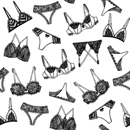 Hand drawn lingerie seamless pattern. Fashion feminine wallpaper. Sexy lingerie patternのイラスト素材