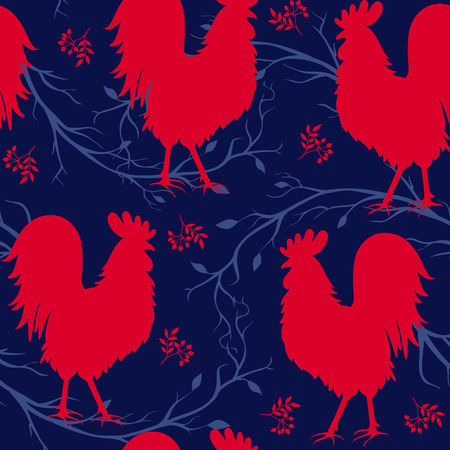 Seamless pattern with red cock. Fire cock. Symbol of 2017. Vector illustrationのイラスト素材