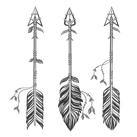 Set Ethnic arrows with feathers. Boho style. Hand drawn vector illustrationのイラスト素材