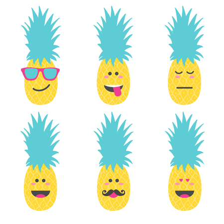 Set smile emoticon face in pineapple. Vector illustrationのイラスト素材