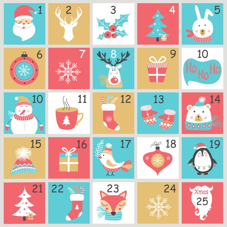 Christmas Advent calendar with hand drawn elements. Xmas Poster. Vector illustrationのイラスト素材