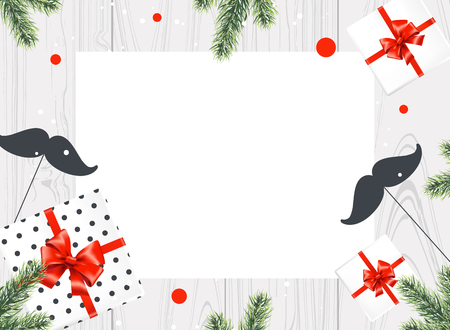 Gifts boxes with red bow, mustaches and fir branches on a white wooden background. Retro style Top view Vector illustrationのイラスト素材