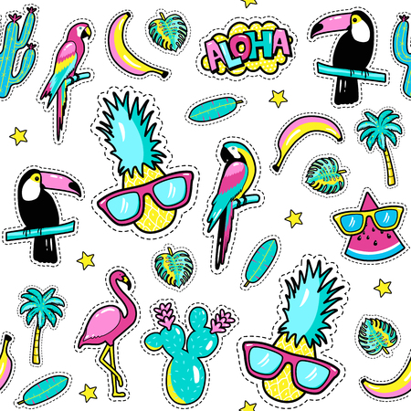 Seamless pattern with fashion patch badges with toucan, flamingo, parrot, exotic leaves, hearts, stars, speech bubbles, pineapple. Vector illustration in cartoon 80s-90s style.
のイラスト素材