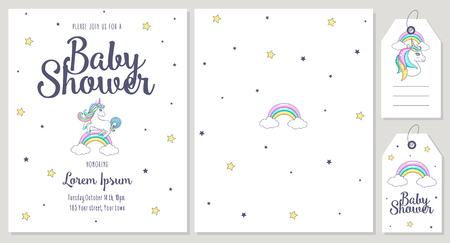Baby Shower card with cute unicorn. Vector illustrationのイラスト素材