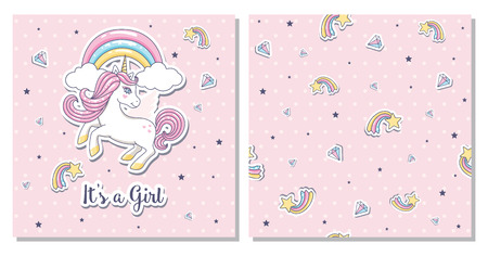 Greeting card it's a girl with unicorn on a pink background. Vector illustrationのイラスト素材