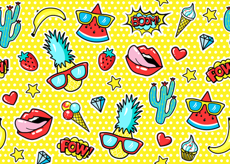Seamless pattern with fashion patch badges with pineapple, lips, hearts, speech bubbles.  Vector illustration in cartoon 80s-90s style.
のイラスト素材