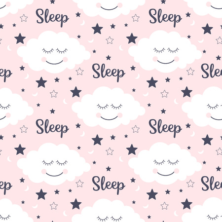 Seamless pattern with smiling sleeping clouds and stars. Vector illustrationのイラスト素材