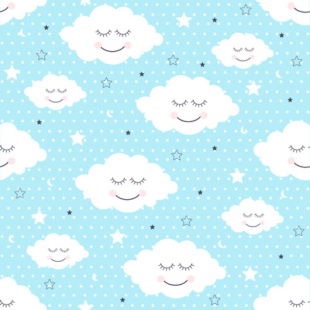 Seamless pattern with smiling sleeping clouds and stars. Vector illustrationのイラスト素材