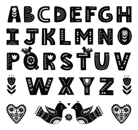 Alphabet in scandinavian style. Black and white. Vector illustrationのイラスト素材
