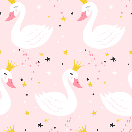 Seamless pattern with cute princess swan on pink background. Vector illustrationのイラスト素材