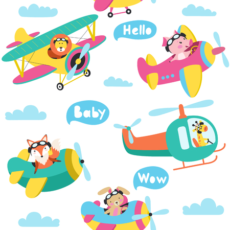 Seamless pattern with cute animals flying on a airplanes hand drawn vector illustrationのイラスト素材