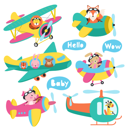 Set of cute animals flying on a airplanes hand drawn vector illustrationのイラスト素材
