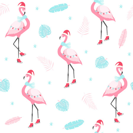 Christmas pattern with cute flamingo on skates. Vector illustrationのイラスト素材