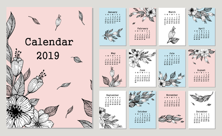 Cute monthly calendar 2019 with flowers and leaf. Hand drawn vector illustrationのイラスト素材