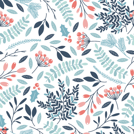 Winter seamless pattern with holly berries, branches and leaves. Vector illustrationsのイラスト素材