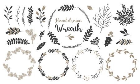 Set of hand drawn wreath and branches. Decorative elements for your design. Vector illustrationのイラスト素材