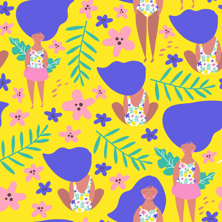 Seamless pattern with relaxing girl on the beach. Vector illustrationのイラスト素材