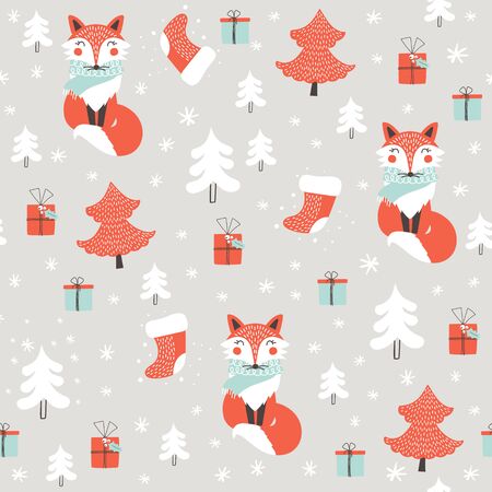 Seamless pattern with cute fox. Childish print. Christmas  background. Vector illustrationのイラスト素材