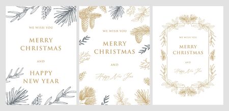 Christmas and new year cards with pine tree branches and cones. Hand drawn vector illustrationsのイラスト素材