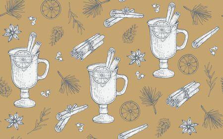 Seamless pattern with glass of Mulled wine, pine cones and branches. Hand-drawn vector illustration.のイラスト素材