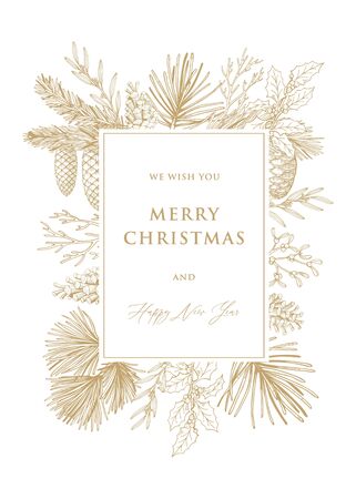 Christmas and new year cards with pine tree branches and cones. Hand drawn vector illustrationsのイラスト素材