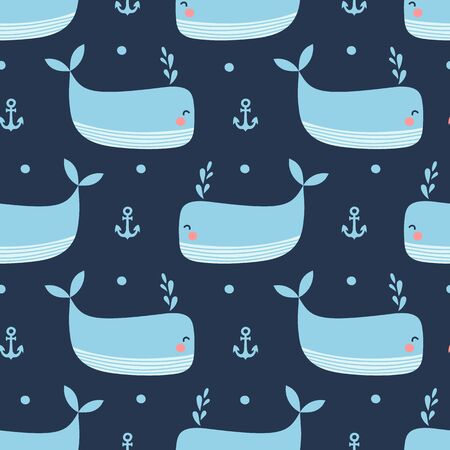 Seamless pattern with cute whal on a blue background. Vectorのイラスト素材