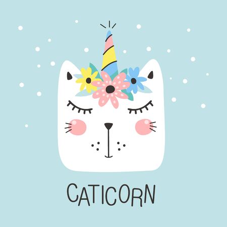 Cute caticorn with floral. Kids print. Hand drown vector illustrationのイラスト素材