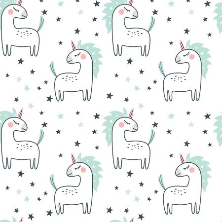 Seamless pattern with cute unicorn and stars. Vector illustrationのイラスト素材