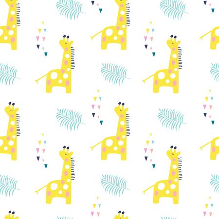 Tropical seamless pattern with giraffe and exotic leaves. Vector illustrationのイラスト素材