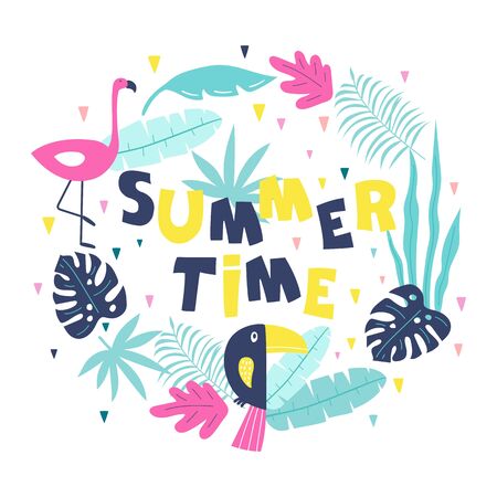 Summer time hand drawn inspiration motivation lettering quote with palm, monstera leaves, flamingo and toucan. Vector illustrationのイラスト素材
