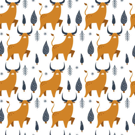 Pattern with cute ox. Winter background. Vector illustrationsのイラスト素材