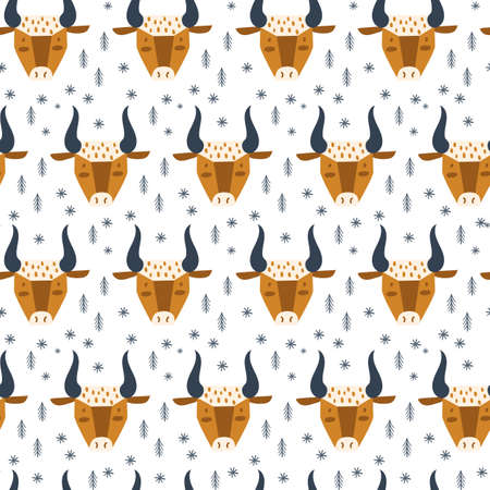 Pattern with cute ox. Winter background. Vector illustrationsのイラスト素材
