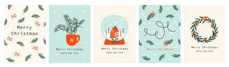 Set Christmas cards with Christmas tree, wreath, christmas elements. Vector illustrationsのイラスト素材