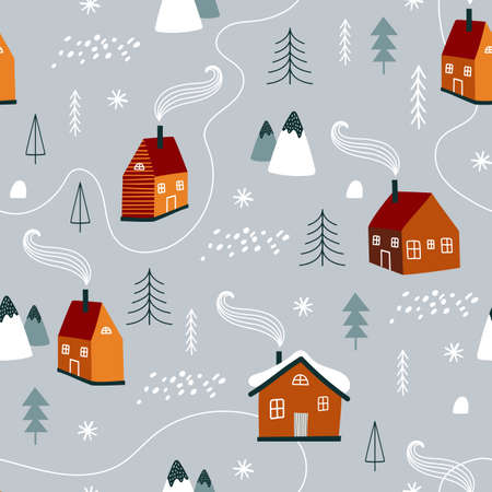 Winter pattern with christmas tree and house. Vector illustrationsのイラスト素材