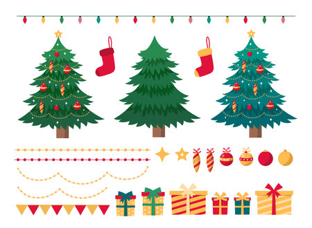 Set of Christmas elements for festive design. Christmas trees, gift boxes, balls, sock, garlands, isolated on white background. Vector Illustrationのイラスト素材