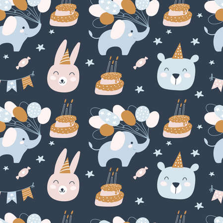 Happy Birthday seamless pattern. Birthday cream cakes, animals. Holiday for children. Vector illustrationsのイラスト素材