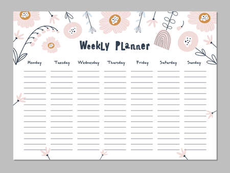 Weekly planner with cute flowers. Vector illustration.のイラスト素材