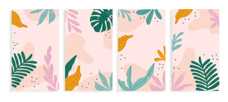Design backgrounds for social media banner with abstract shapes and tropical leaves. Background...
