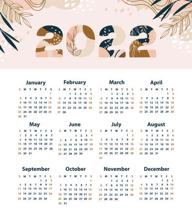 Calendar 2022 starting from Sunday. Various shapes and doodle objects. Modern art. Minimalist shapes. Geometric trendy vector illustrations.のイラスト素材