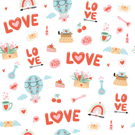 Seamless pattern for Valentine's Day with heart and other elements on a white background. Valentine's day, wedding and love concept. vector illustrationsのイラスト素材
