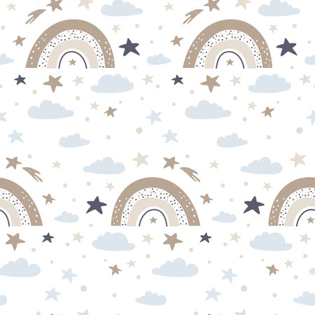 Seamless pattern with cute rainbows and clouds. vector illustrationのイラスト素材