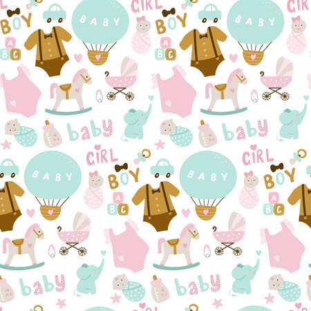 Seamless pattern of baby shower elements, elephant, toy, cloud, rainbow, milk, baby, bottle, sock, star for textile, print, greeting cards, birthday, children's party, wrapping paper, wallpapers. vector illustrationのイラスト素材