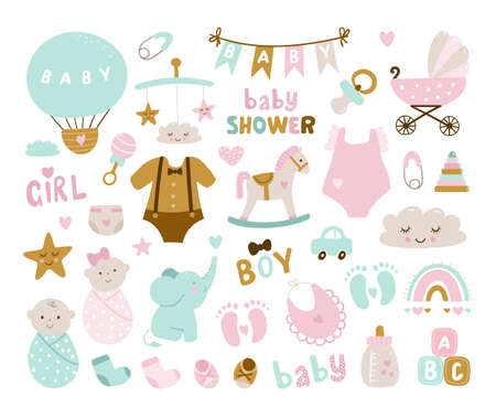 Hand drawn baby shower set with elements, elephant, toy, cloud, rainbow, milk, baby, bottle, sock, star for textile, print, greeting cards, birthday, children's party, wrapping paper, wallpapers. vector illustrationのイラスト素材