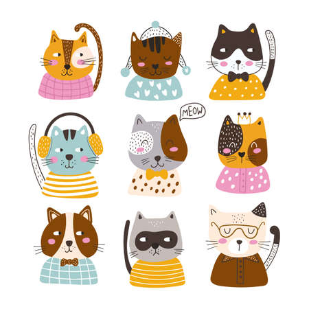Set with cute cat on a white background. kids print. vector illustration.のイラスト素材