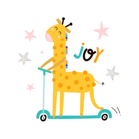 Card with cute giraffe on a scooter. kids print. Vector hand drawn illustration.のイラスト素材