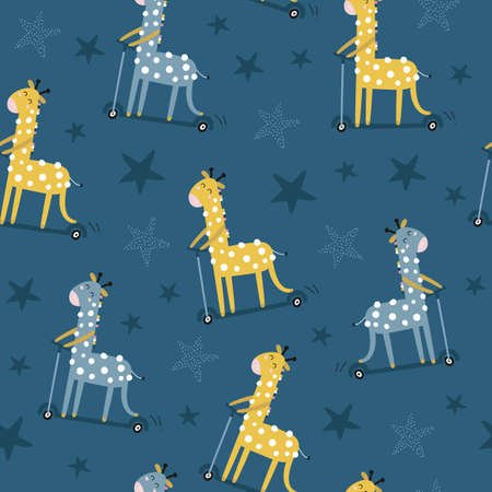 Seamless pattern with cute giraffe on a scooter. kids print. Vector hand drawn illustration.のイラスト素材