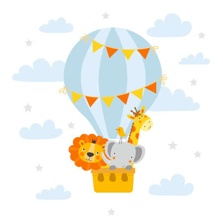 Cute animals in a hot air balloon. vector illustrationのイラスト素材