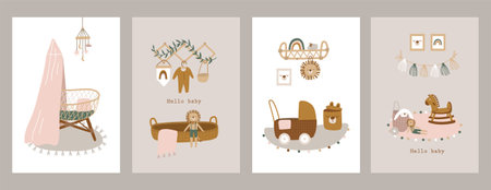 Baby card in boho and Scandinavian style for baby shower, invitation card, poster. vector illustration.のイラスト素材